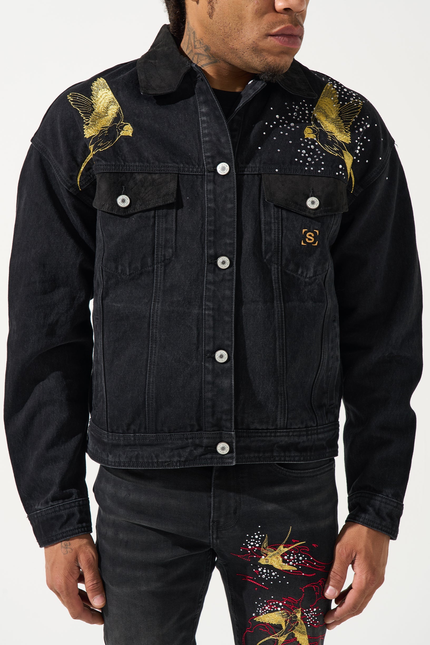 CHORUS OF WINGS Denim Jacket - Embroidered Crystal Streetwear