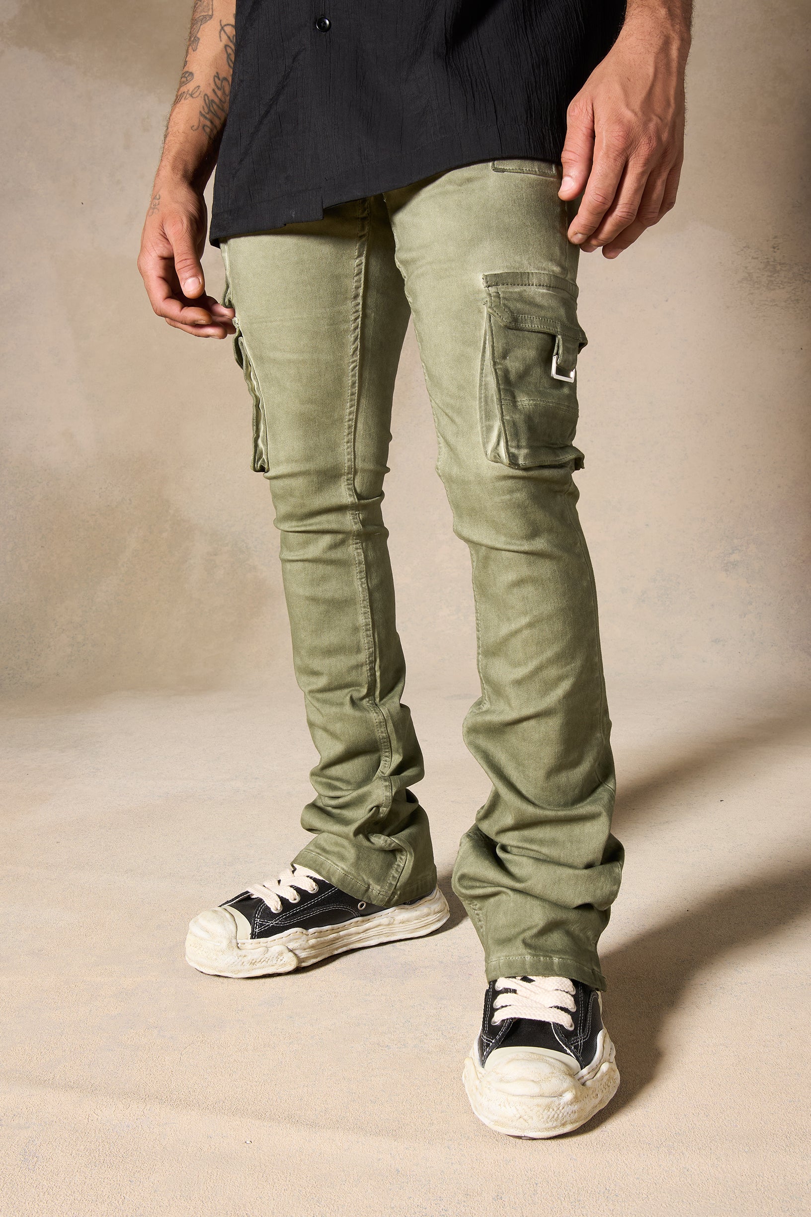 "OIL" Cargo Stacked Jeans