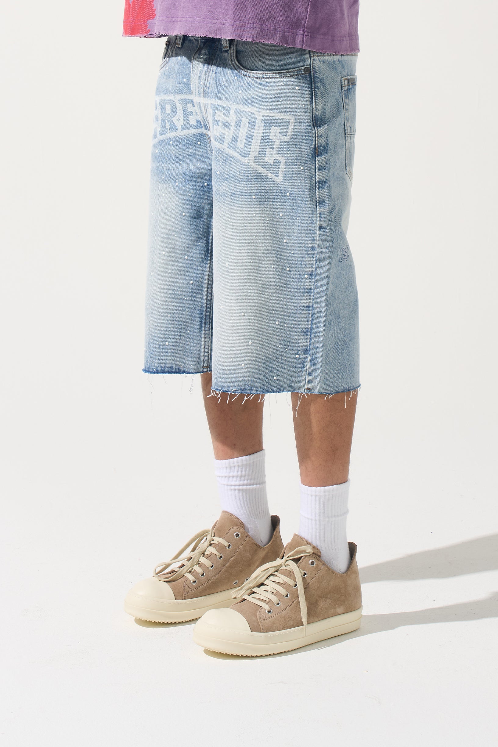 DYNASTY Denim Shorts - Light Blue Denim Acrylic Dots Shorts