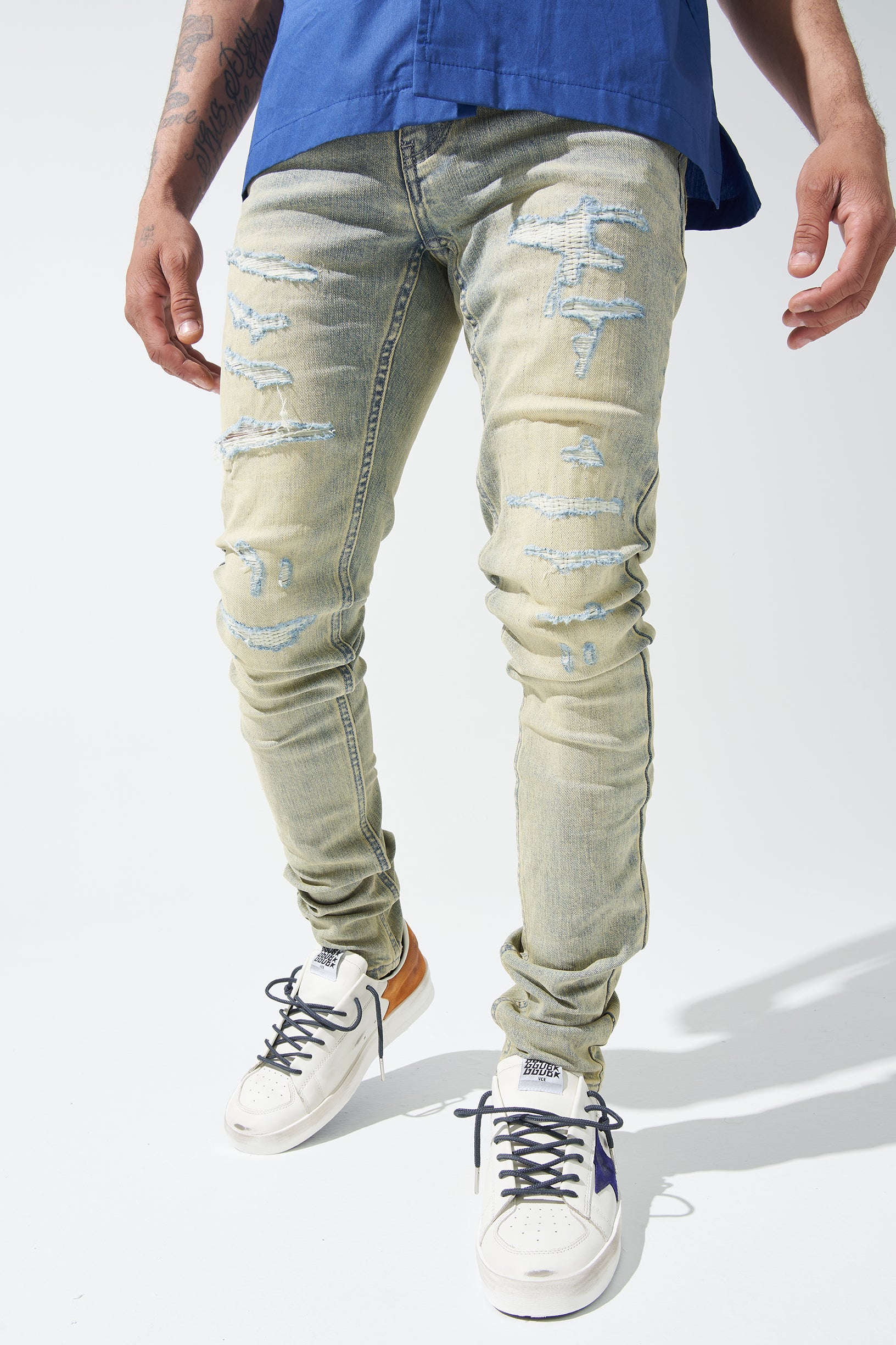 Serenede Denim Jeans Men's White Skinny Mid Rise Distressed Zip Fly 5 high quality Pocket 30