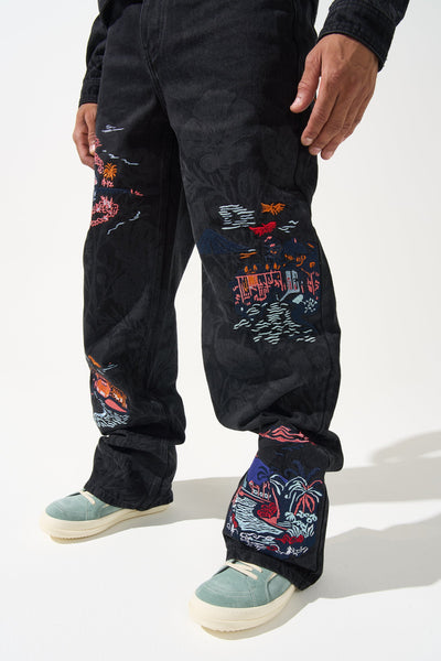 SOUVENIR Baggy Jeans - Embroidered Black Baggy Jeans | SERENEDE®