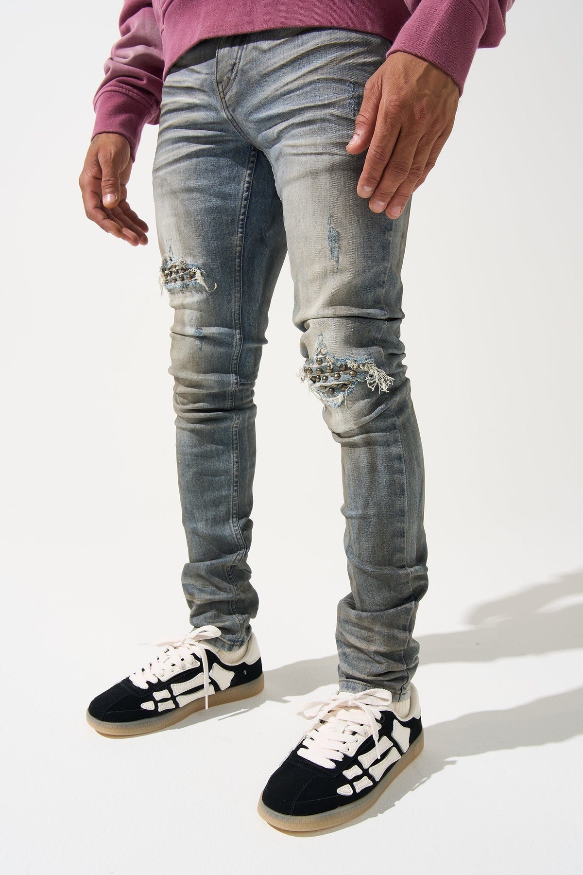 KNIGHT Jeans - Vintage Stone Wash Rip Repair Stud Jeans | SERENEDE®