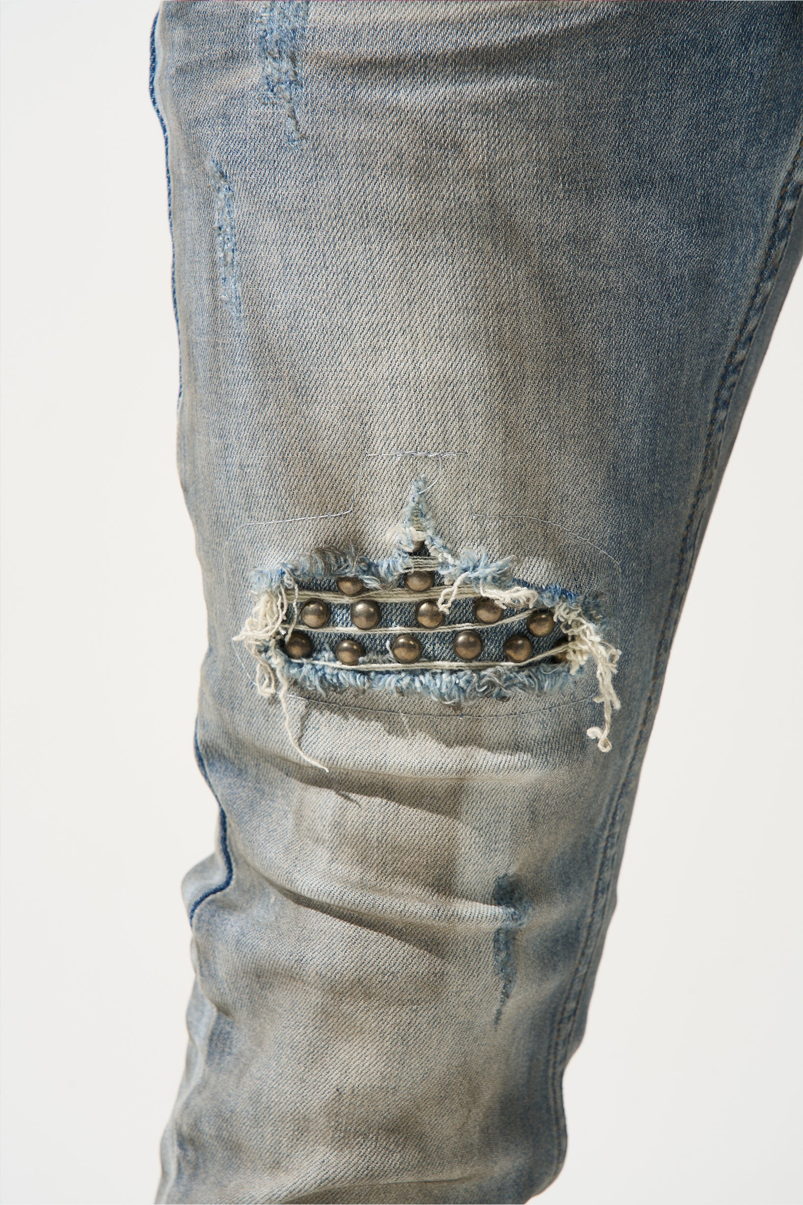 KNIGHT Jeans - Vintage Stone Wash Rip Repair Stud Jeans | SERENEDE® KNIGHT Jeans - Vintage Stone Wash Rip Repair Stud Jeans | SERENEDE®