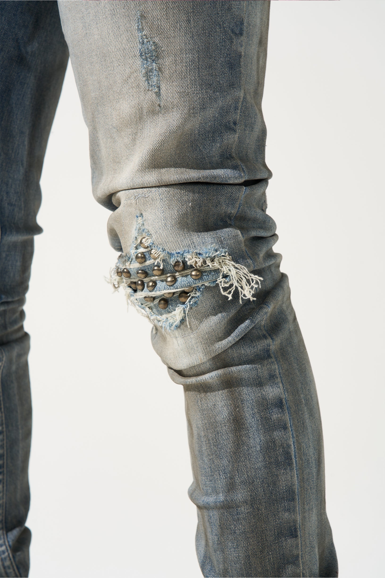 KNIGHT Jeans - Vintage Stone Wash Rip Repair Stud Jeans | SERENEDE® KNIGHT Jeans - Vintage Stone Wash Rip Repair Stud Jeans | SERENEDE®